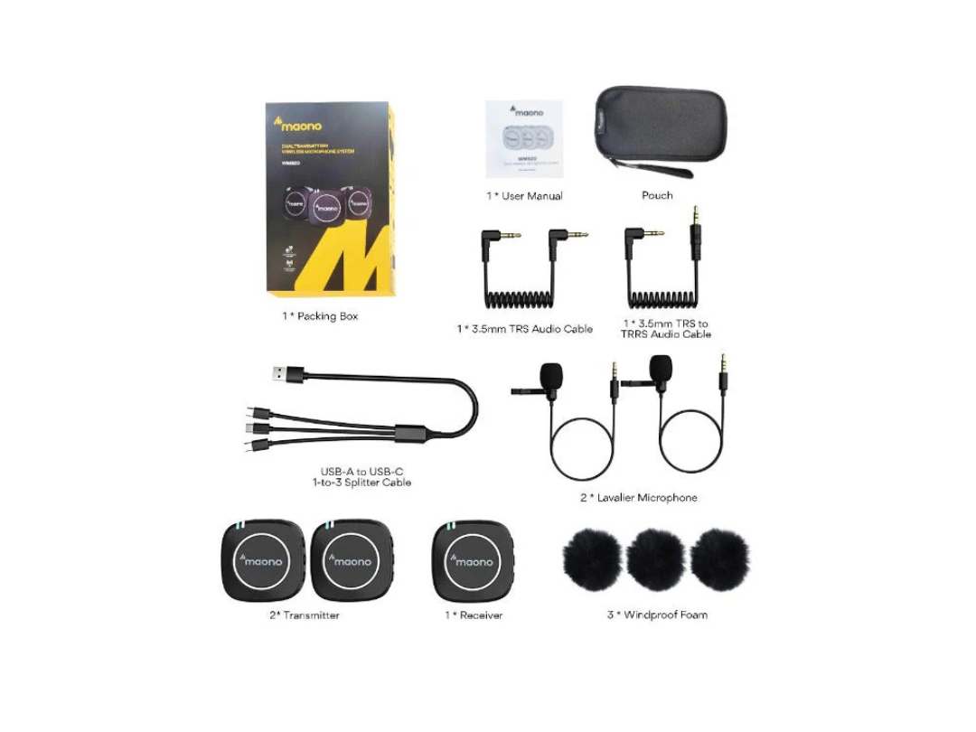 Maonocaster AU WM820A2 Dual Person Compact Wireless Lavalier Microphone 2.4GHz with Real time Monitoring and 22 Level Gain Adjustmen Maonocaster AU WM820A2 Dual Person Compact Wireless Lavalier Microphone 2.4GHz with Real time Monitoring and 22 Level Gain Adjustmen