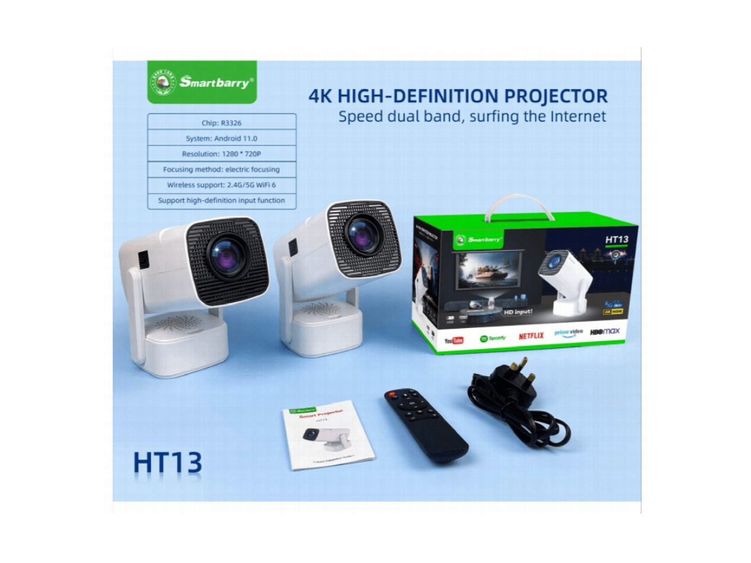 جهاز عرض ذكي Smartbarry HT13 يعمل بنظام أندرويد 4K HDR - دقة 1280x720 بكسل، أندرويد 11.0، واي فاي 6 ثنائي النطاق، بلوتوث 5.0، تركيز كهربائي، تصميم صغير الحجم - أبيض جهاز عرض ذكي Smartbarry HT13 يعمل بنظام أندرويد 4K HDR - دقة 1280x720 بكسل، أندرويد 11.0، واي فاي 6 ثنائي النطاق، بلوتوث 5.0، تركيز كهربائي، تصميم صغير الحجم - أبيض