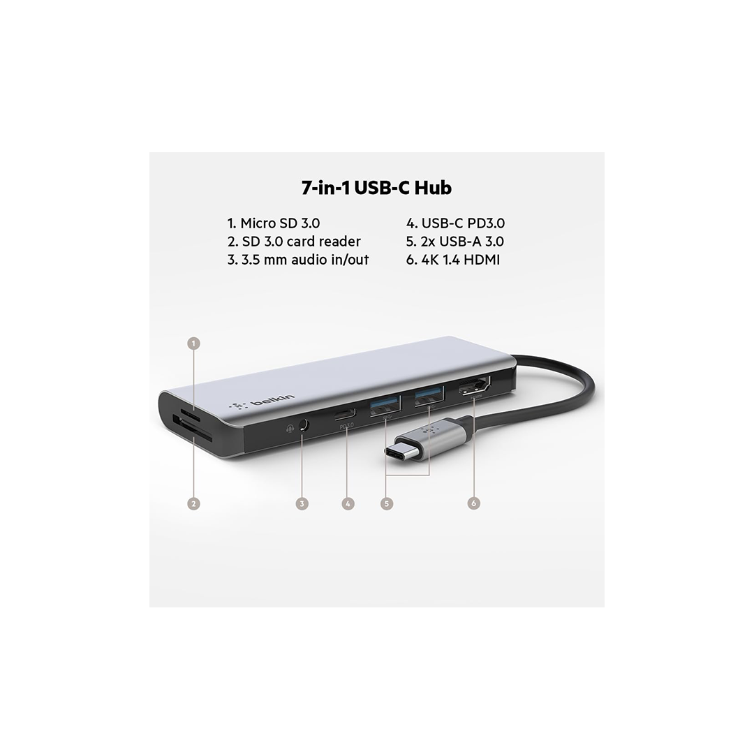 Belkin USB C Hub, 7-in-1 MultiPort Adapter Dock with 4K HDMI, USB-C 100W PD Pass-Through Charging, 2 x USB A, 3.5mm Audio, SD 3.0 Slot and Micro SD 3.0 for MacBook Pro, Air, iPad Pro, XPS and More in Qatar Belkin USB C Hub, 7-in-1 MultiPort Adapter Dock with 4K HDMI, USB-C 100W PD Pass-Through Charging, 2 x USB A, 3.5mm Audio, SD 3.0 Slot and Micro SD 3.0 for MacBook Pro, Air, iPad Pro, XPS and More in Qatar