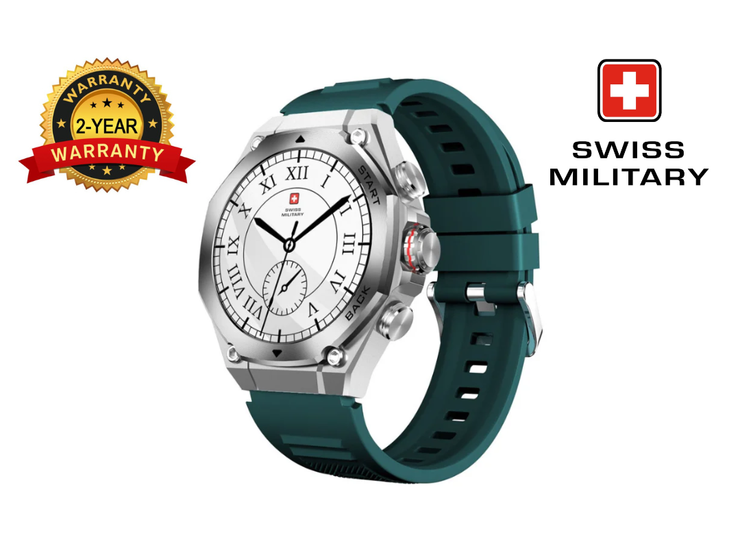 ساعة سويس ميليتري الذكية DOM 6 فضية اللون مع حزام سيليكون أخضر - جهاز تتبع اللياقة البدنية مع مراقب معدل ضربات القلب ساعة سويس ميليتري الذكية DOM 6 فضية اللون مع حزام سيليكون أخضر - جهاز تتبع اللياقة البدنية مع مراقب معدل ضربات القلب