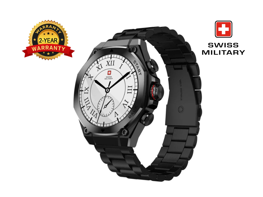 ساعة سويس ميليتري الذكية DOM 6 سوداء اللون مع حزام من الفولاذ المقاوم للصدأ باللون الرمادي الداكن - جهاز تتبع اللياقة البدنية مع جهاز مراقبة معدل ضربات القلب ساعة سويس ميليتري الذكية DOM 6 سوداء اللون مع حزام من الفولاذ المقاوم للصدأ باللون الرمادي الداكن - جهاز تتبع اللياقة البدنية مع جهاز مراقبة معدل ضربات القلب