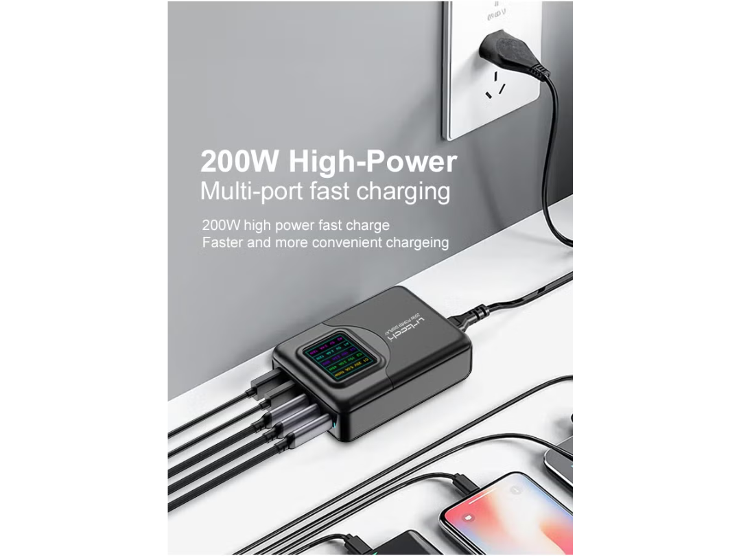 محطة شحن سطح المكتب URTECH GaN متعددة المنافذ بقدرة ٢٠٠ واط | شاشة عرض LED ذكية للطاقة | شاحن USB سريع بخمسة منافذ | ٣ منافذ USB-C + ٢ منافذ USB-A | ١٠٠ واط PD | موزع طاقة متعدد الأجهزة - CHG200-USB-LED5P