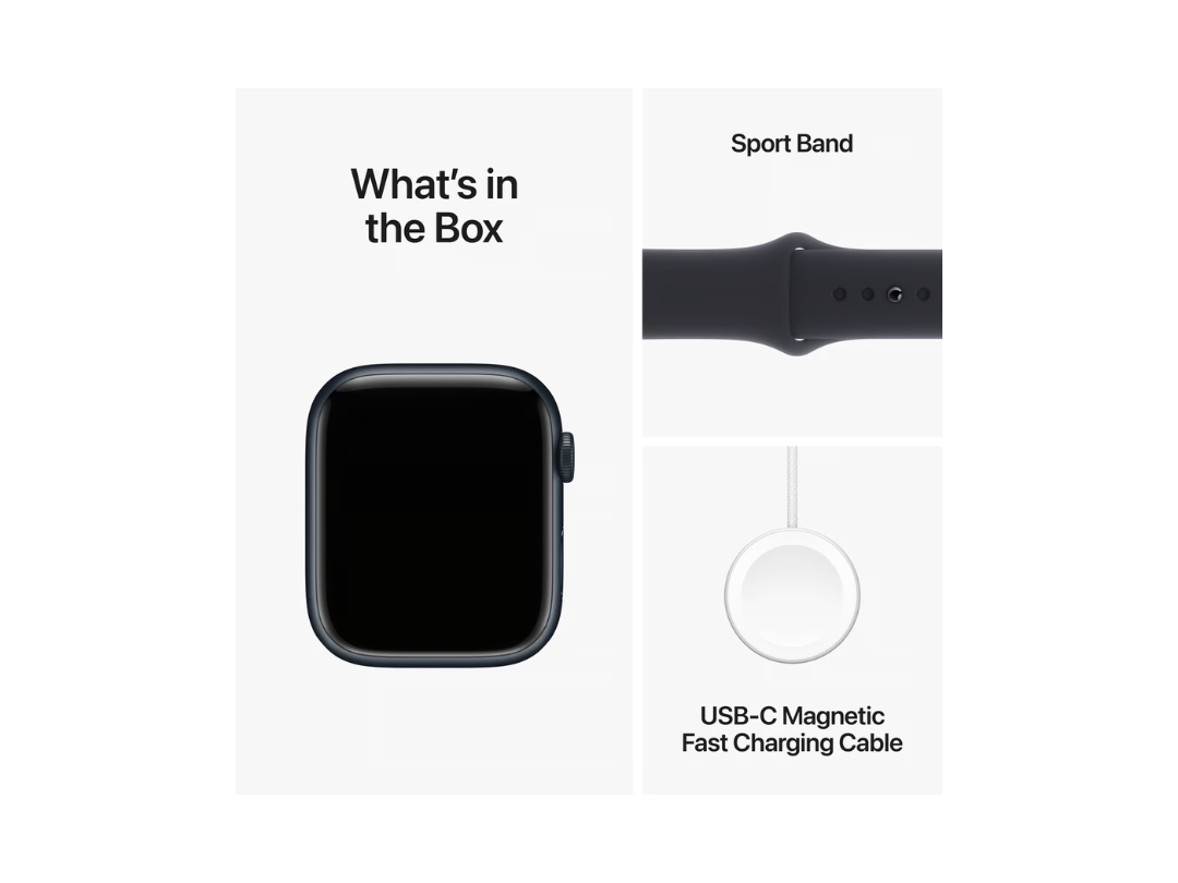 ساعة Apple Watch Series 9 GPS، هيكل من الألومنيوم باللون الليلي مع حزام رياضي باللون الليلي، 45 مم، M/L، MR9A3QA/A