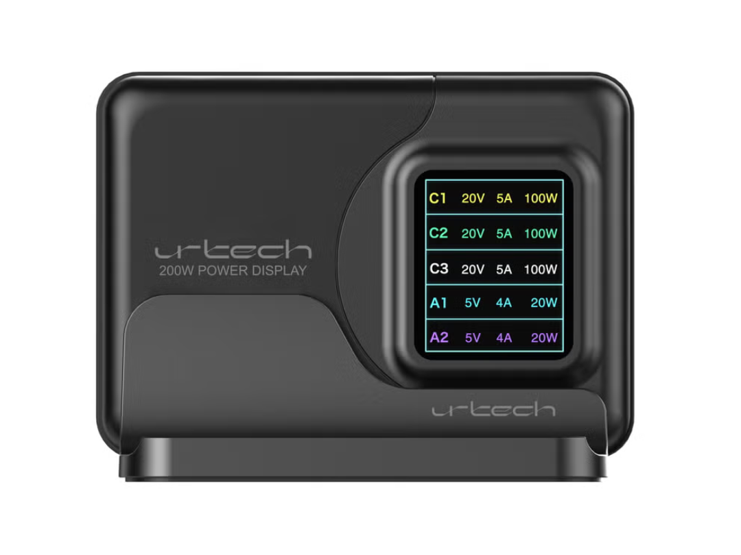 URTECH 200W GaN Desktop Multi-Port Charging Station | Smart LED Power Display | 5-Port USB Fast Charger | 3 USB-C + 2 USB-A | 100W PD | Multiple Device Power Hub - CHG200-USB-LED5P