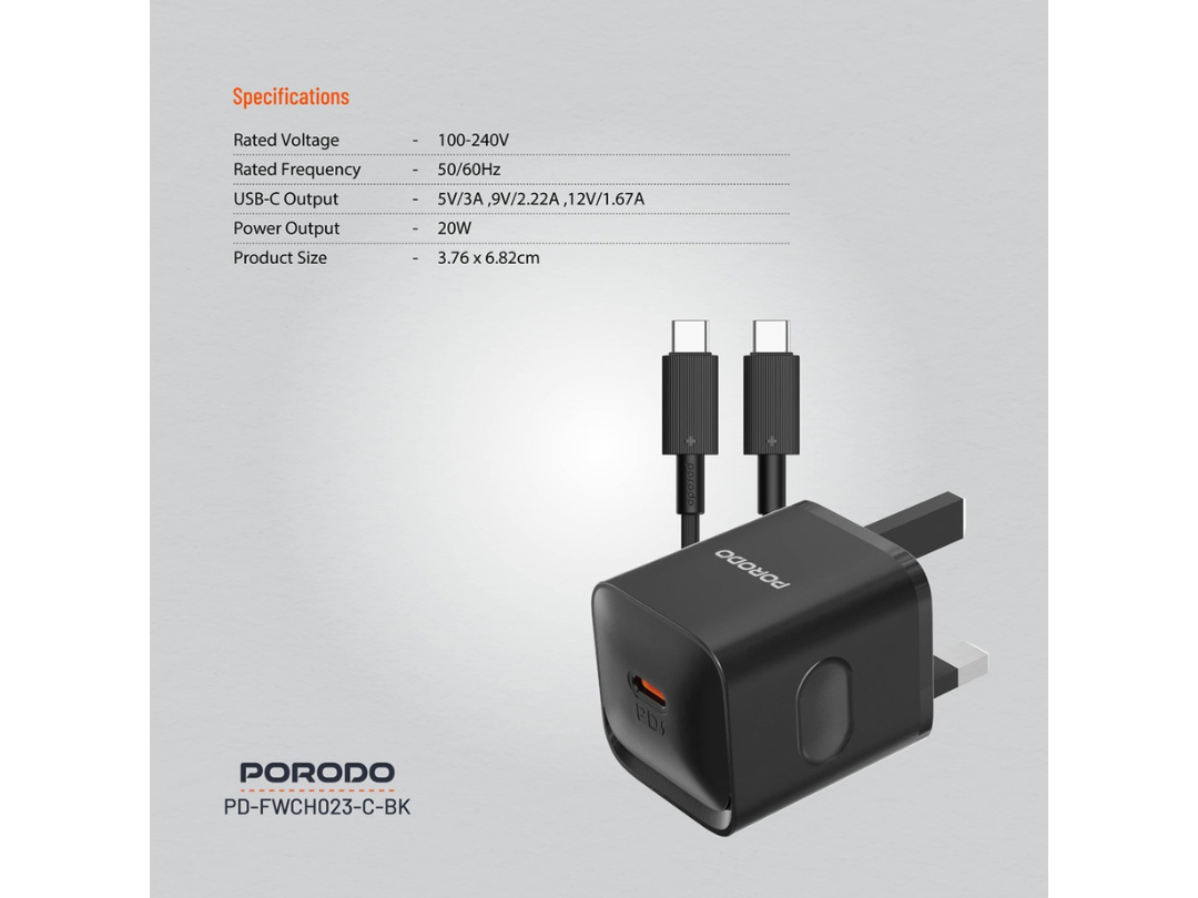 Porodo USB-C Power Delivery Wall Charger with Type-C Cable - Black