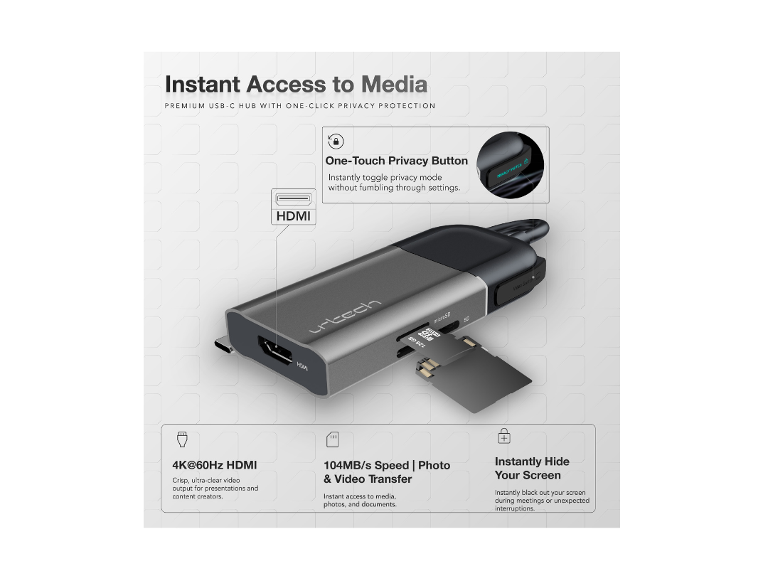 Buy URTECH 6-in-1 USB-C Hub with Hardware Privacy | 4K HDMI | 100W PD in Qatar