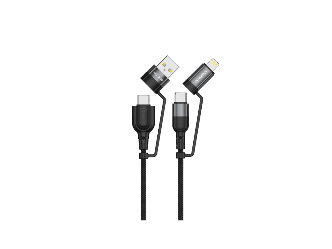 كابل شحن 4 في 1 من Moxedo بقوة 60 وات بتقنية PD، كابل USB-A/USB-C إلى USB-C/Lightning بطول 1.2 متر، من النايلون المضفر (أسود) MX-NC049