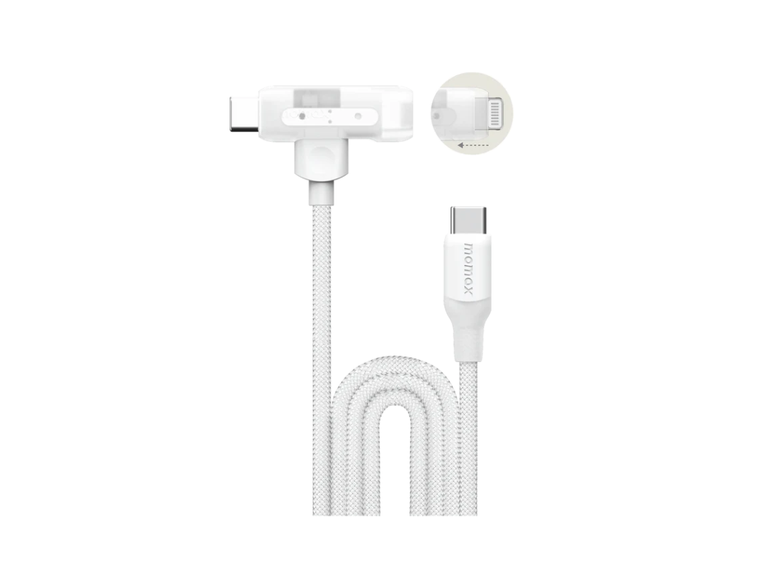 كابل Momax 1-Link Flow Duo USB-C إلى USB-C وLightning Braided بقوة 60 وات بطول 1.5 متر - أبيض