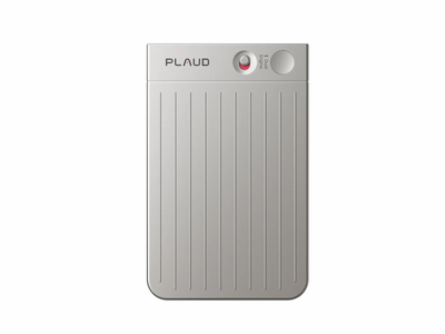 Plaud Note AI Voice Recorder & Note Taker  - Silver with a ribbed front panel, shown on a solid white background.