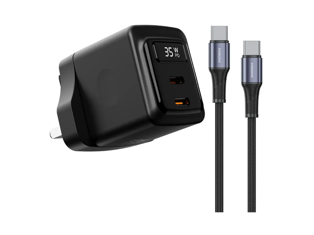 شاحن حائط Porodo GaN بقوة 35 واط بمنفذي USB-C وكابل USB من النوع C إلى C بطول 1 متر مع عرض الطاقة في الوقت الفعلي - أسود (PDFWCH084CBK) شاحن حائط Porodo GaN بقوة 35 واط بمنفذي USB-C وكابل USB من النوع C إلى C بطول 1 متر مع عرض الطاقة في الوقت الفعلي - أسود (PDFWCH084CBK)