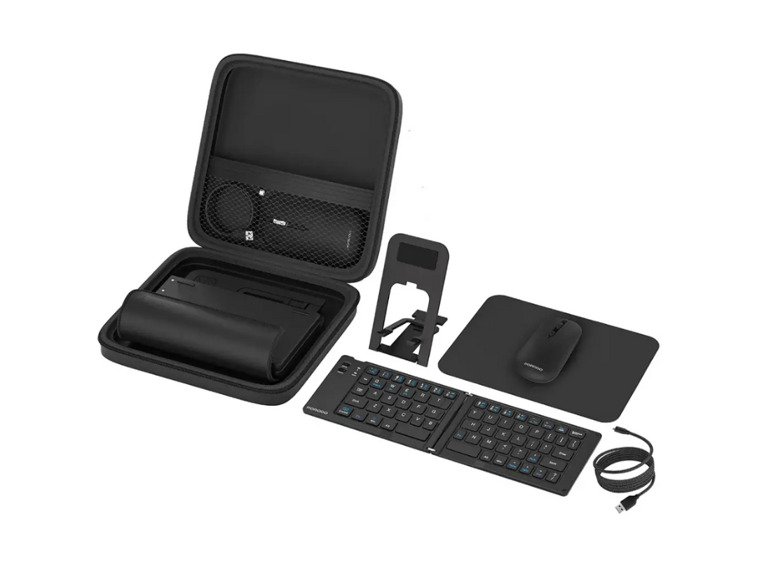 Porodo 6‑In‑1 Keyboard & Mouse Set – Black | Phone Stand & Travel Case | Qatar