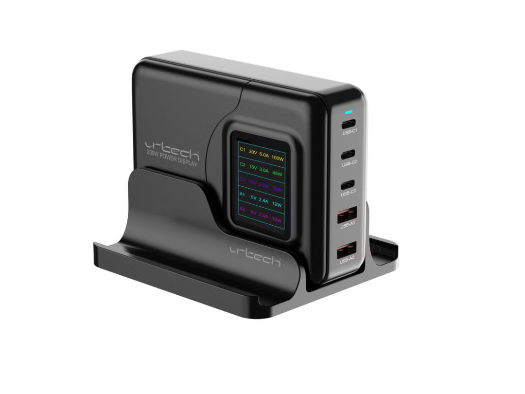 URTECH 200W GaN Desktop Multi-Port Charging Station | Smart LED Power Display | 5-Port USB Fast Charger | 3 USB-C + 2 USB-A | 100W PD | Multiple Device Power Hub - CHG200-USB-LED5P