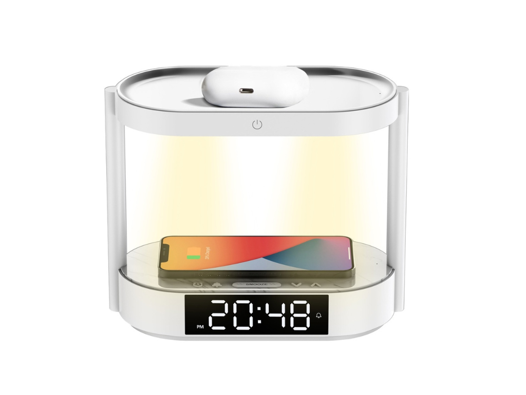 Porodo Bedside Lamp with Wireless Charger & Digital Clock - White