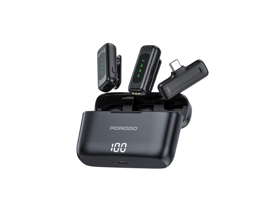 Porodo Lavalier Double Microphone with Charging Case - Black