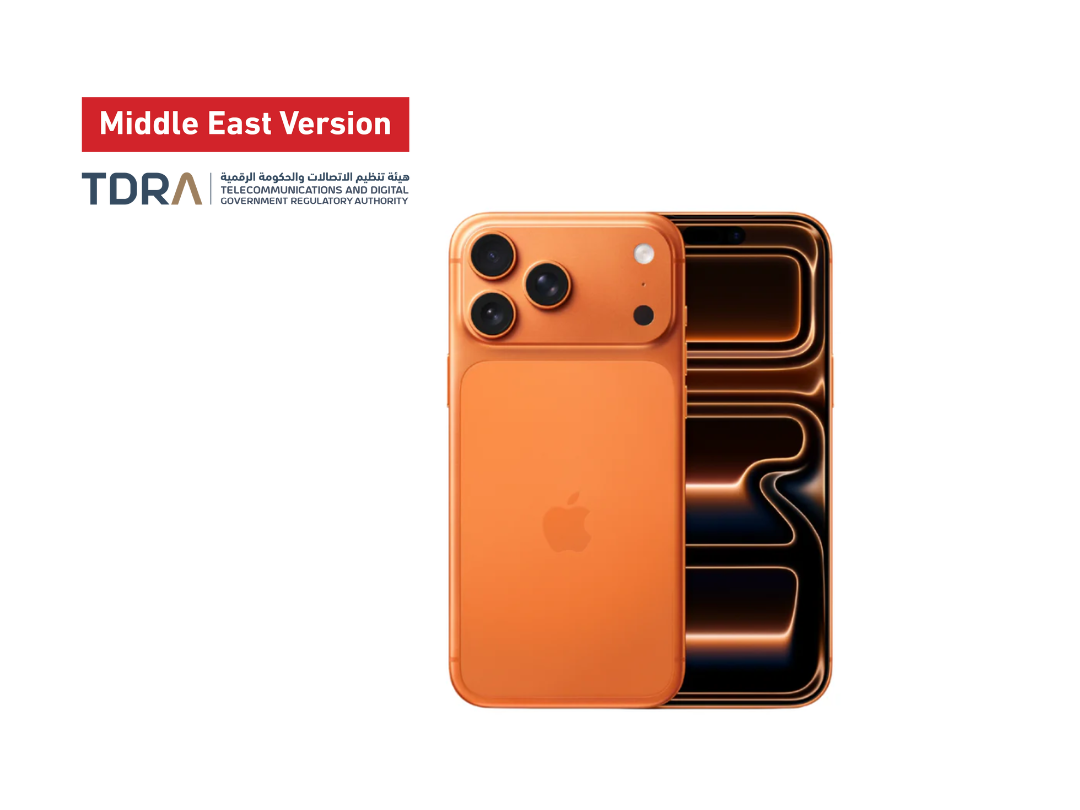 Apple iPhone 17 Pro Max Orange Variant smartphone with Apple logo on a white background, featuring 'Middle East Version' and TDRA branding.