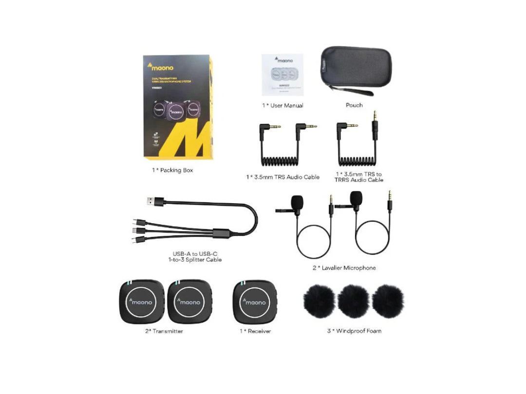 Maonocaster AU WM820A2 Dual Person Compact Wireless Lavalier Microphone 2.4GHz with Real time Monitoring and 22 Level Gain Adjustmen