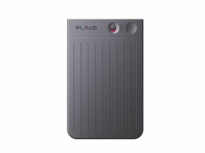 Plaud Note AI Voice Recorder & Note Taker 64GB, 50H - Black, featuring a ribbed front panel, the brand name 'PLAUD' on the top left, and a circular control button with a red indicator light on the top right, set against a plain white background.