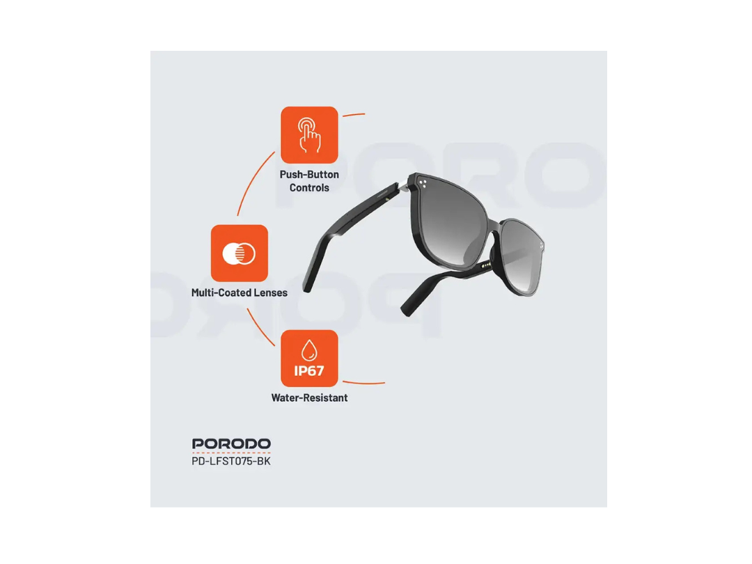 Porodo Polarized Sunglasses with Bluetooth Speaker – Black