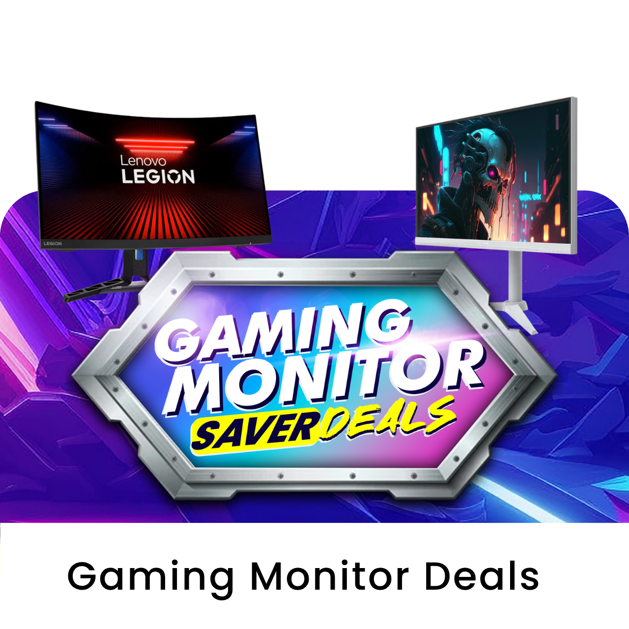 Two Lenovo Legion gaming monitors on a vibrant purple and blue background with promotional text.