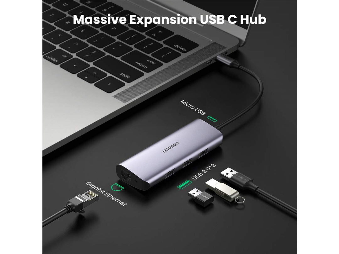 uGreen USB-C إلى RJ45 Gigabit Ethernet + 3 x USB 3.0 Hub + 1 Micro USB 5V للشحن