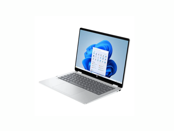 HP OmniBook 5 Flip 14" i5 8GB 512GB SSD 2-in-1 Touchscreen Laptop C18A6EA, shown open on a plain white background. The screen displays a blue and white desktop interface.