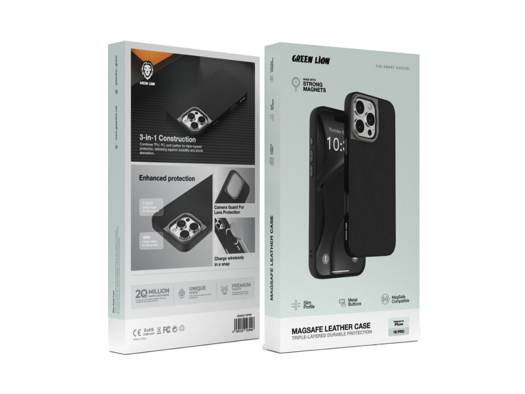 Green Lion iPhone 16 Pro MagSafe Leather Case – Black | Qatar Delivery