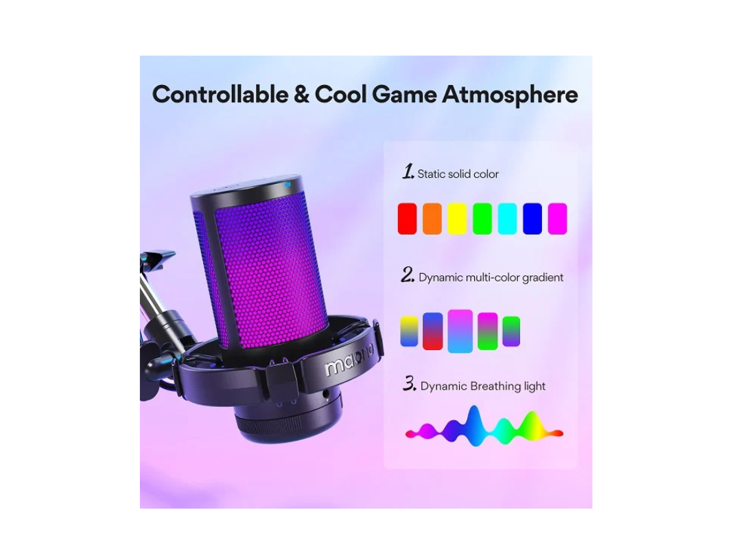 ميكروفون Maonocaster Condenser USB Gaming RGB مع ذراع Boom للبث المباشر - أسود