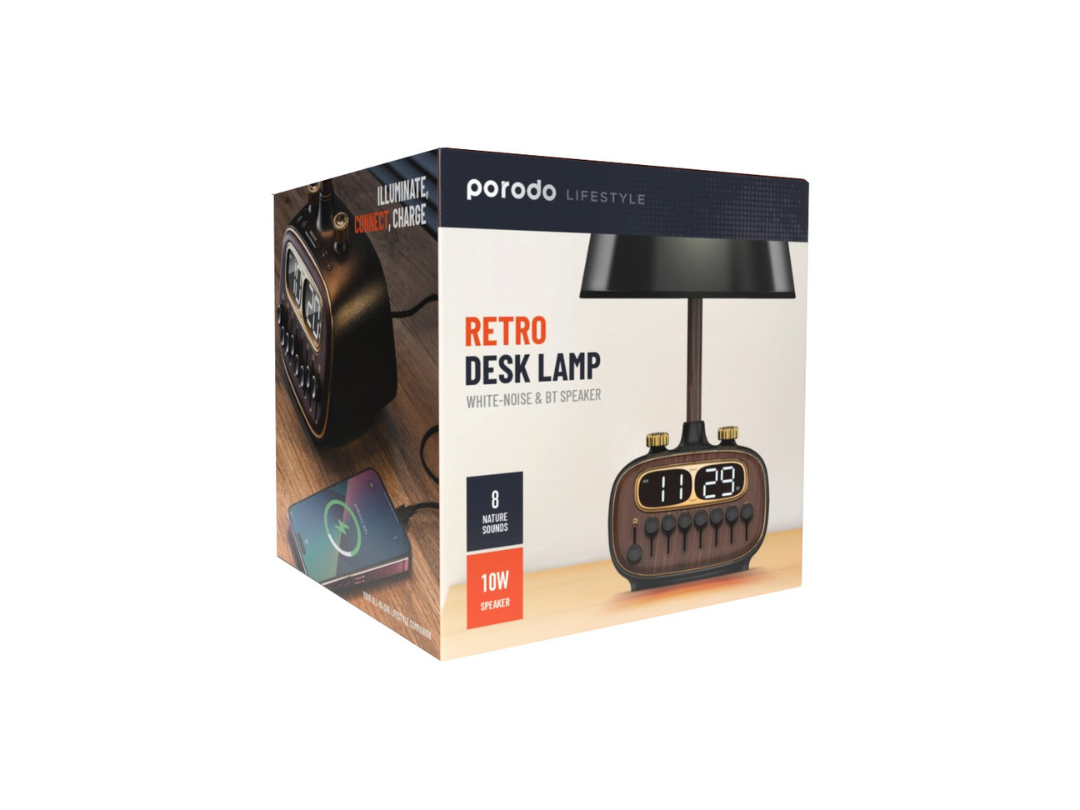 Porodo Retro Desk Lamp with White Noise & Bluetooth Speaker - Black