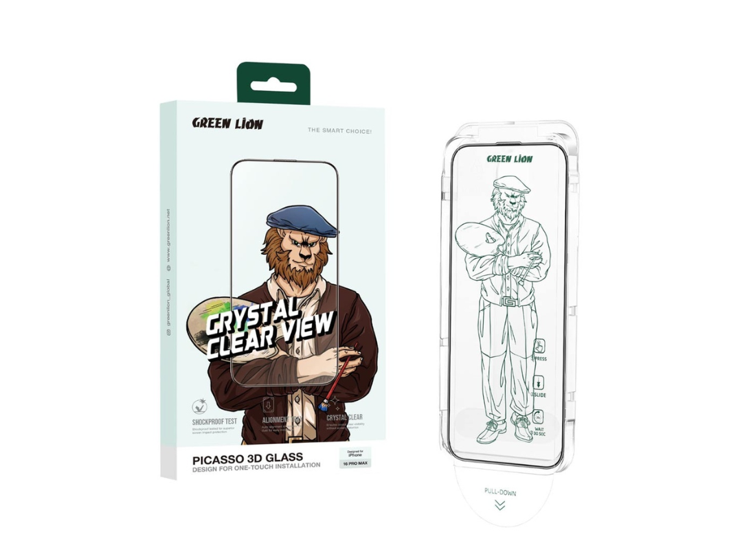 Green Lion iPhone 16 Picasso 3D Glass screen Protection With Alignment Tray GNP3DGL16CL Green Lion iPhone 16 Picasso 3D Glass screen Protection With Alignment Tray GNP3DGL16CL