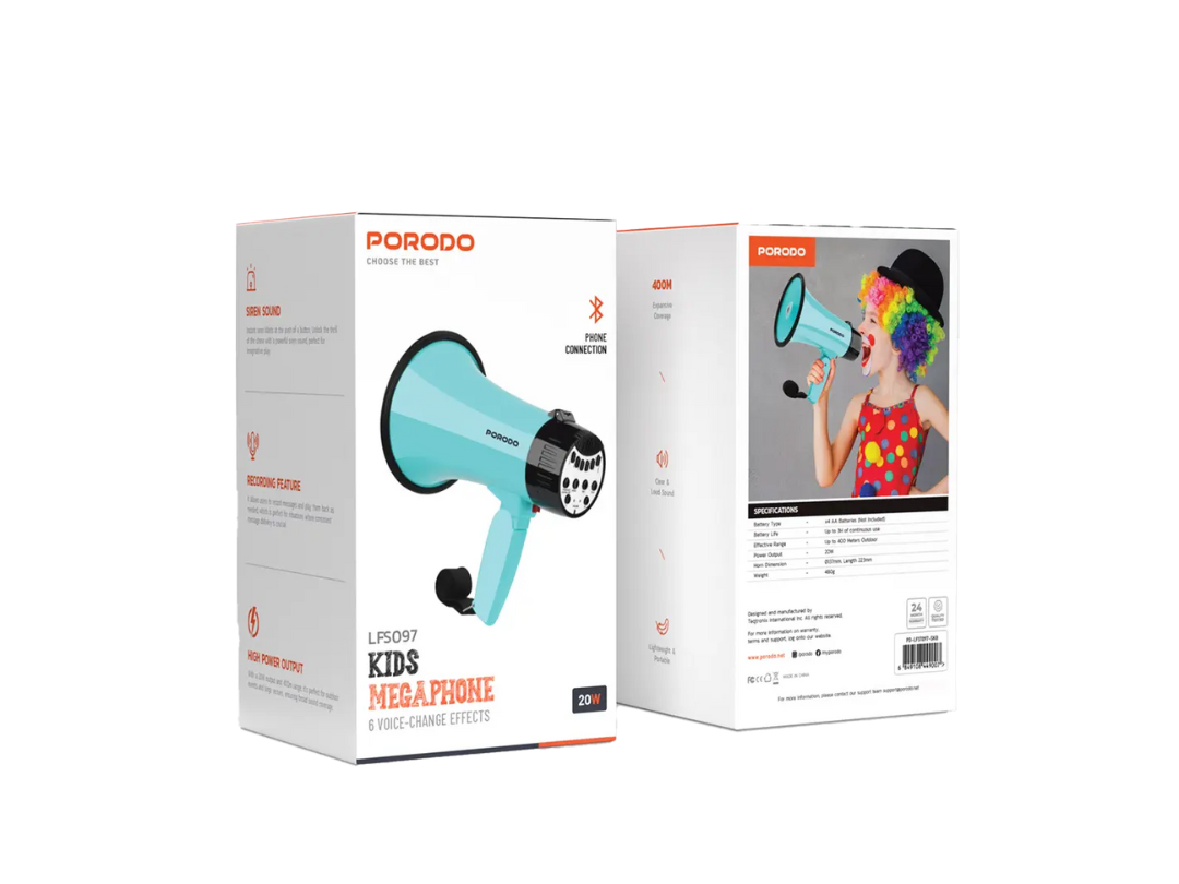 Porodo Kids Megaphone - Sky Blue | Loud & Fun for Kids, 3+ Years