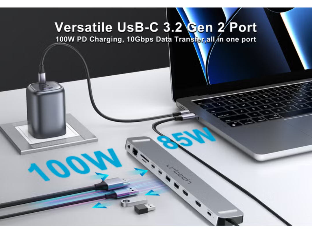 URTECH 11-in-1 Premium USB-C Docking Station | 8K Video | 10Gbps Ethernet | Dual HDMI | 100W Power Delivery | Executive Tech Hub - HUB11-USB-100W
