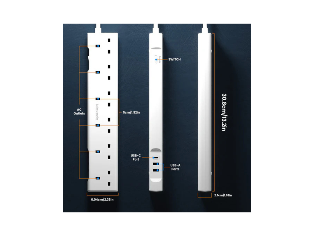 Moxedo 3250W Power Strip Surge Protector 9 Way 1 USB-C PD Ports + 2 USB-A Ports + 6 AC Outlets with 2M Cable Length