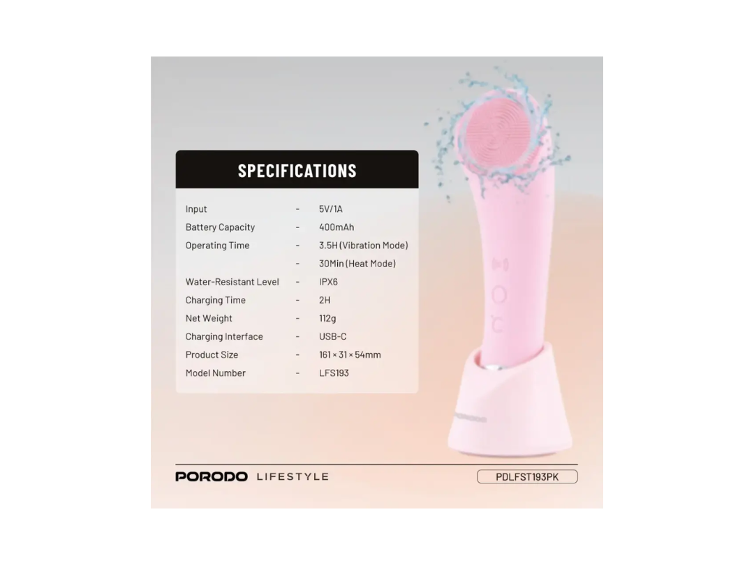 Buy Porodo Sonic Vibration Facial Cleansing Brush – Pink | in Qatar 