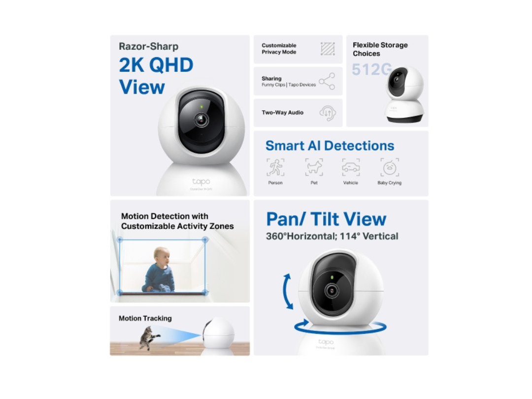 Tapo C220 Pan/Tilt AI Home Security Wi-Fi Camera – 2K QHD, 4MP, Night Vision, Two-Way Audio, Motion Detection