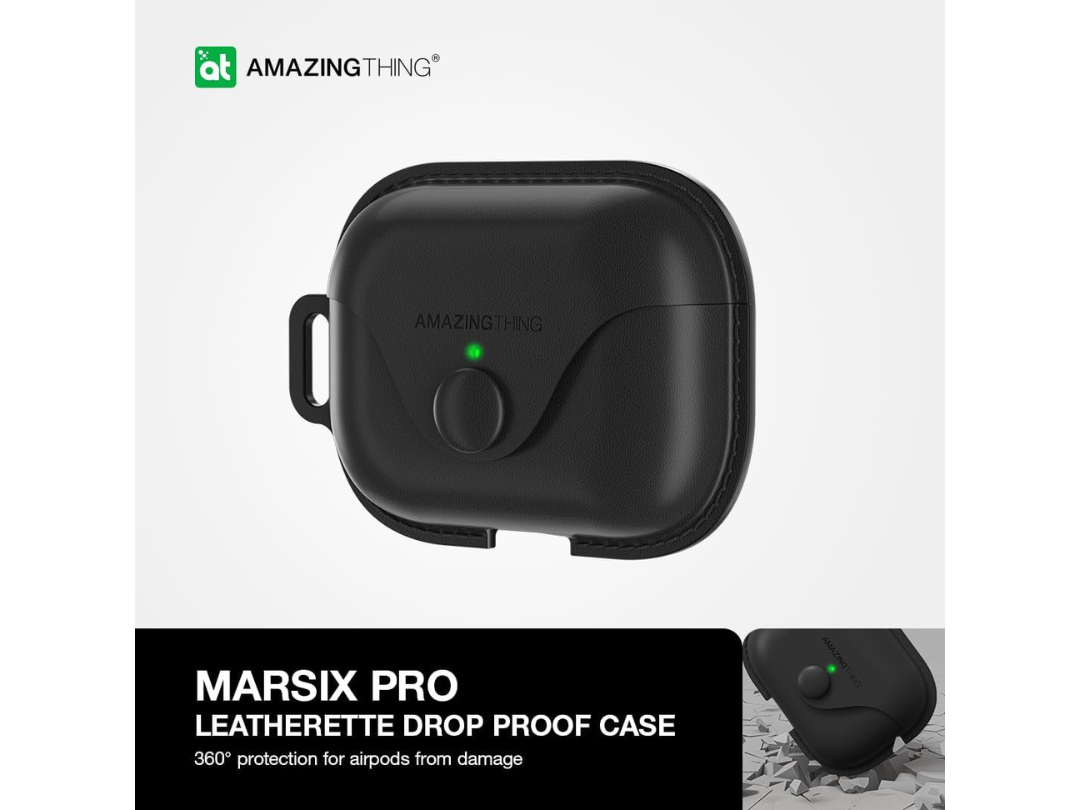 حافظة AmazingThing Marsix Pro لسماعات Apple AirPods Pro 2 / زر قفل أمامي / جلد أسود