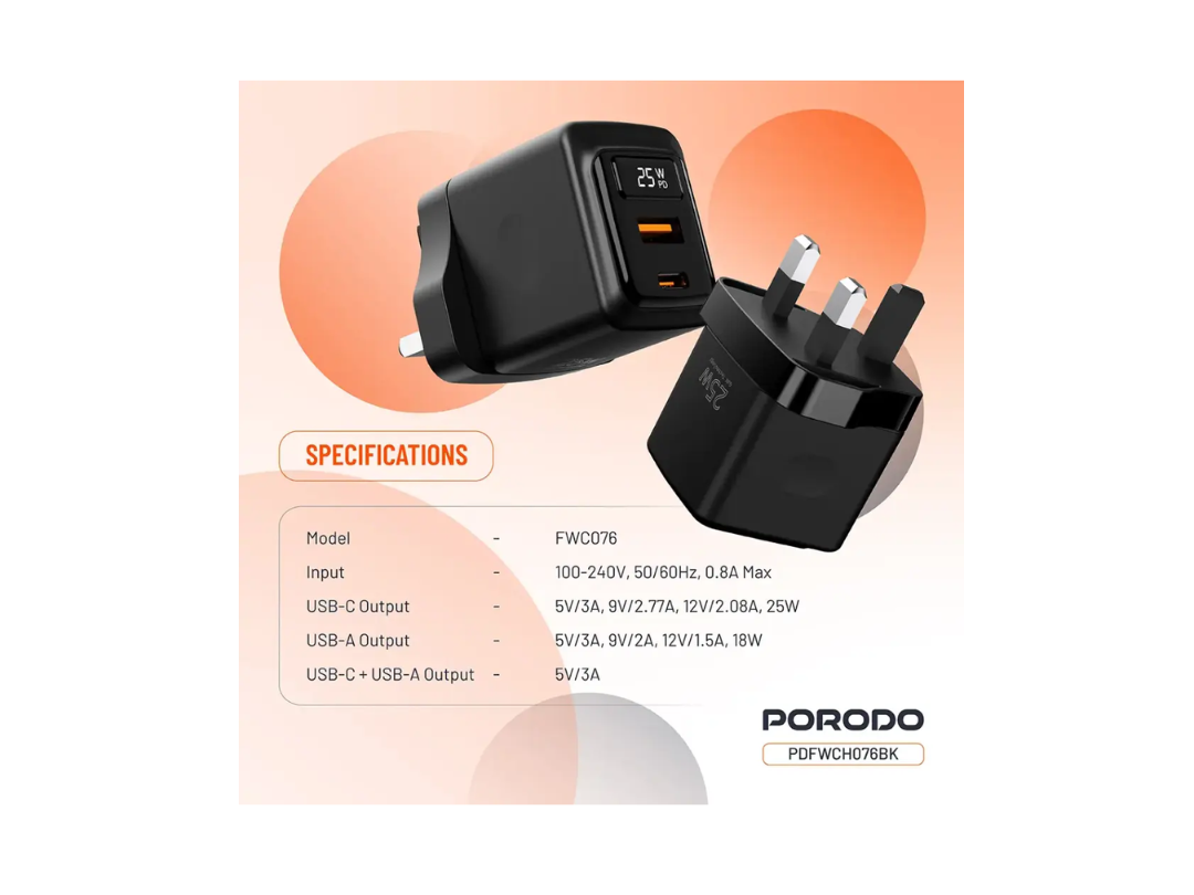 محول شاحن جداري ثنائي المنافذ (USB-A، USB-C) من Porodo GaN بقوة 25 واط مع كابل USB C إلى Lightning بطول 1 متر وشاشة عرض الطاقة في الوقت الفعلي - أسود (PDFWCH076LBK) محول شاحن جداري ثنائي المنافذ (USB-A، USB-C) من Porodo GaN بقوة 25 واط مع كابل USB C إلى Lightning بطول 1 متر وشاشة عرض الطاقة في الوقت الفعلي - أسود (PDFWCH076LBK)