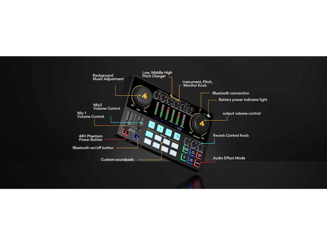واجهة صوتية MAONO AME2، خلاط بودكاست MaonoCaster 10 قنوات مع مسبق التضخيم الاحترافي، طاقة فانتوم 48 فولت، بلوتوث، 11 لوحة صوت مخصصة للتسجيل والبث.