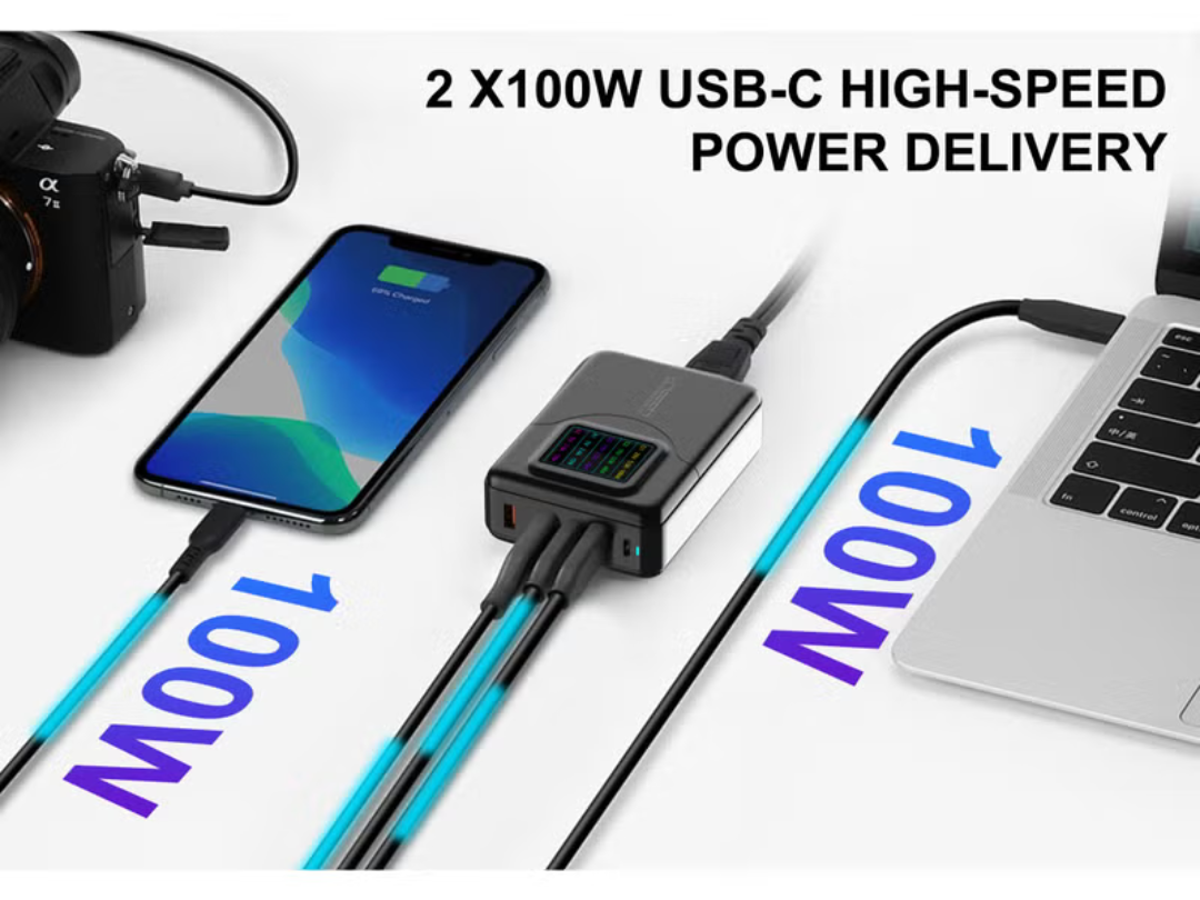 محطة شحن سطح المكتب URTECH GaN متعددة المنافذ بقدرة ٢٠٠ واط | شاشة عرض LED ذكية للطاقة | شاحن USB سريع بخمسة منافذ | ٣ منافذ USB-C + ٢ منافذ USB-A | ١٠٠ واط PD | موزع طاقة متعدد الأجهزة - CHG200-USB-LED5P