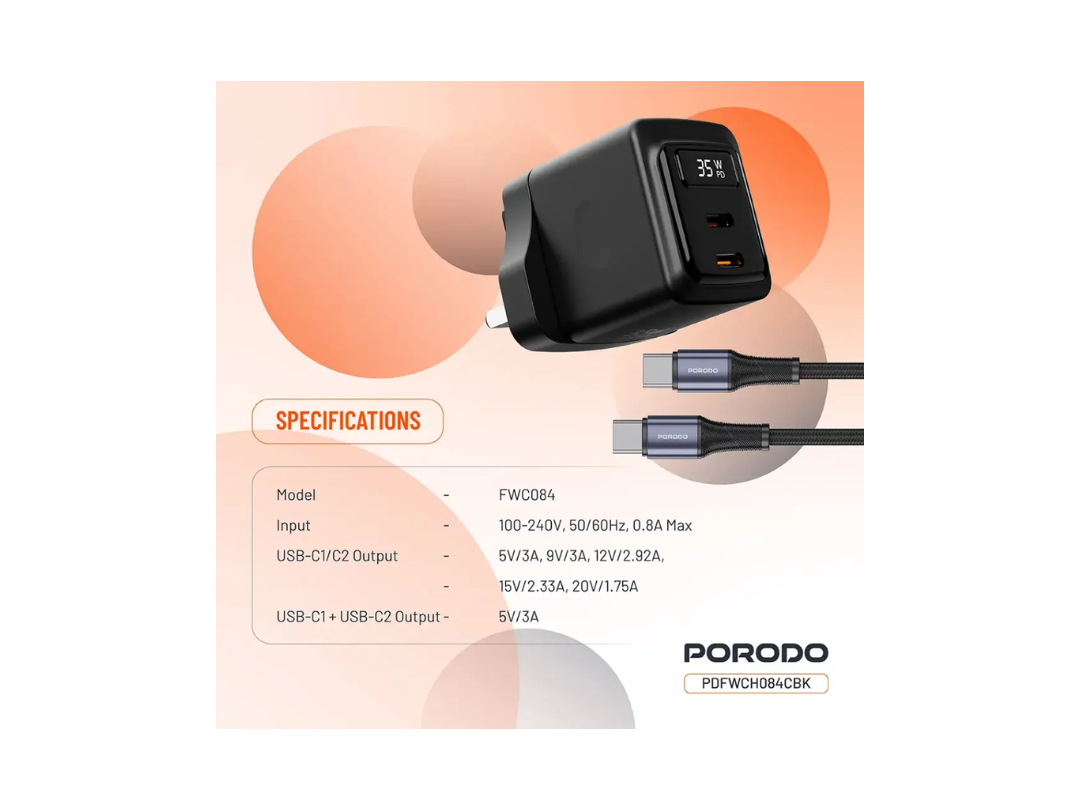 شاحن حائط Porodo GaN بقوة 35 واط بمنفذي USB-C وكابل USB من النوع C إلى C بطول 1 متر مع عرض الطاقة في الوقت الفعلي - أسود (PDFWCH084CBK) شاحن حائط Porodo GaN بقوة 35 واط بمنفذي USB-C وكابل USB من النوع C إلى C بطول 1 متر مع عرض الطاقة في الوقت الفعلي - أسود (PDFWCH084CBK)