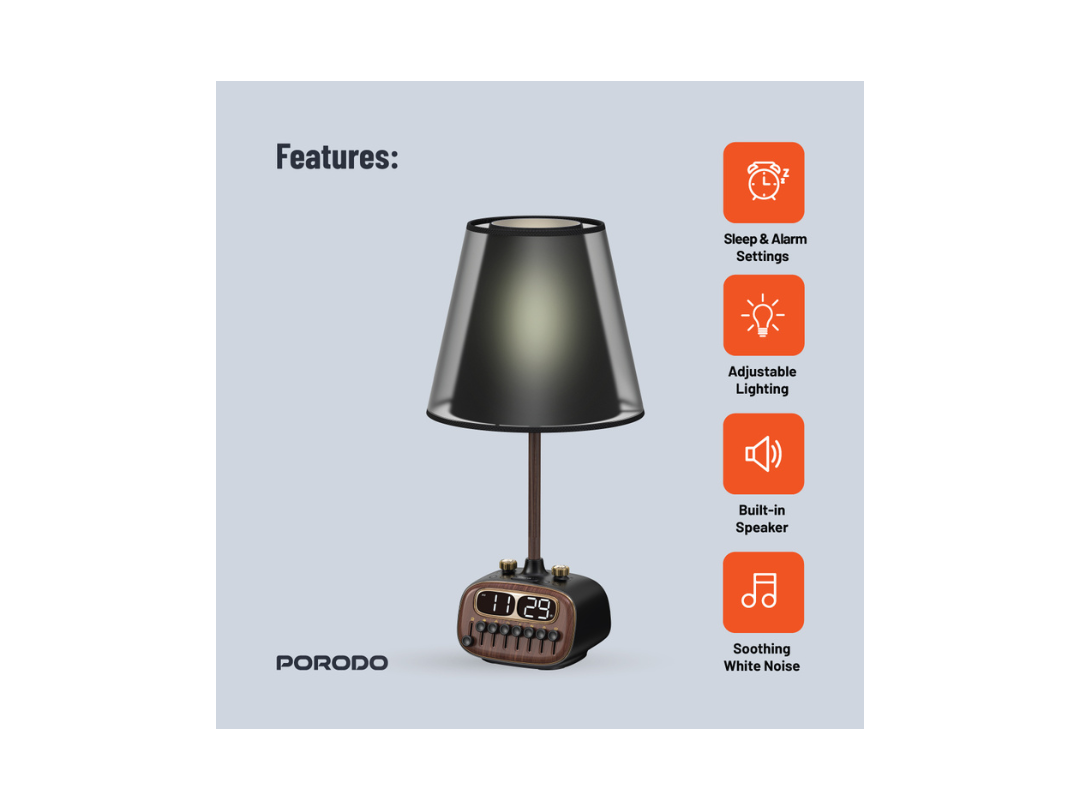 Porodo Retro Desk Lamp with White Noise & Bluetooth Speaker - Black