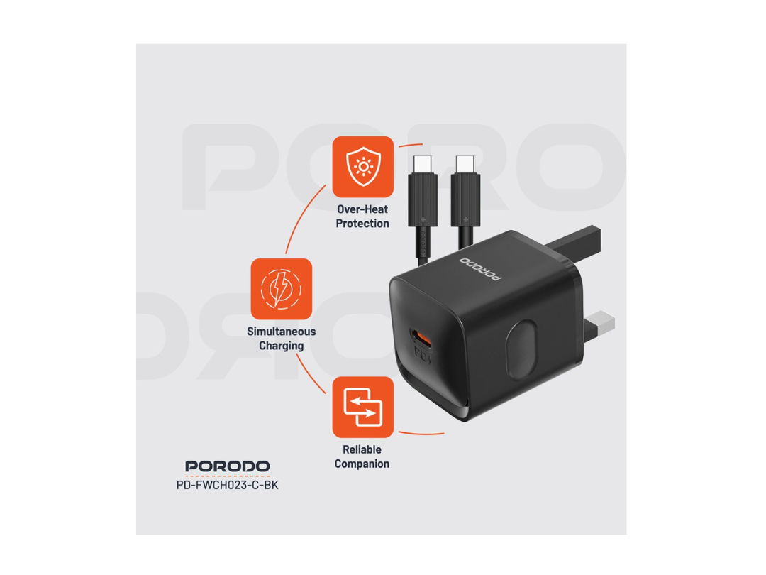 Porodo PD 20W USB-C Power Delivery Wall Charger Adapter with Type C to C Cable - Black (PD-FWCH023-C-BK) Porodo PD 20W USB-C Power Delivery Wall Charger Adapter with Type C to C Cable - Black (PD-FWCH023-C-BK)