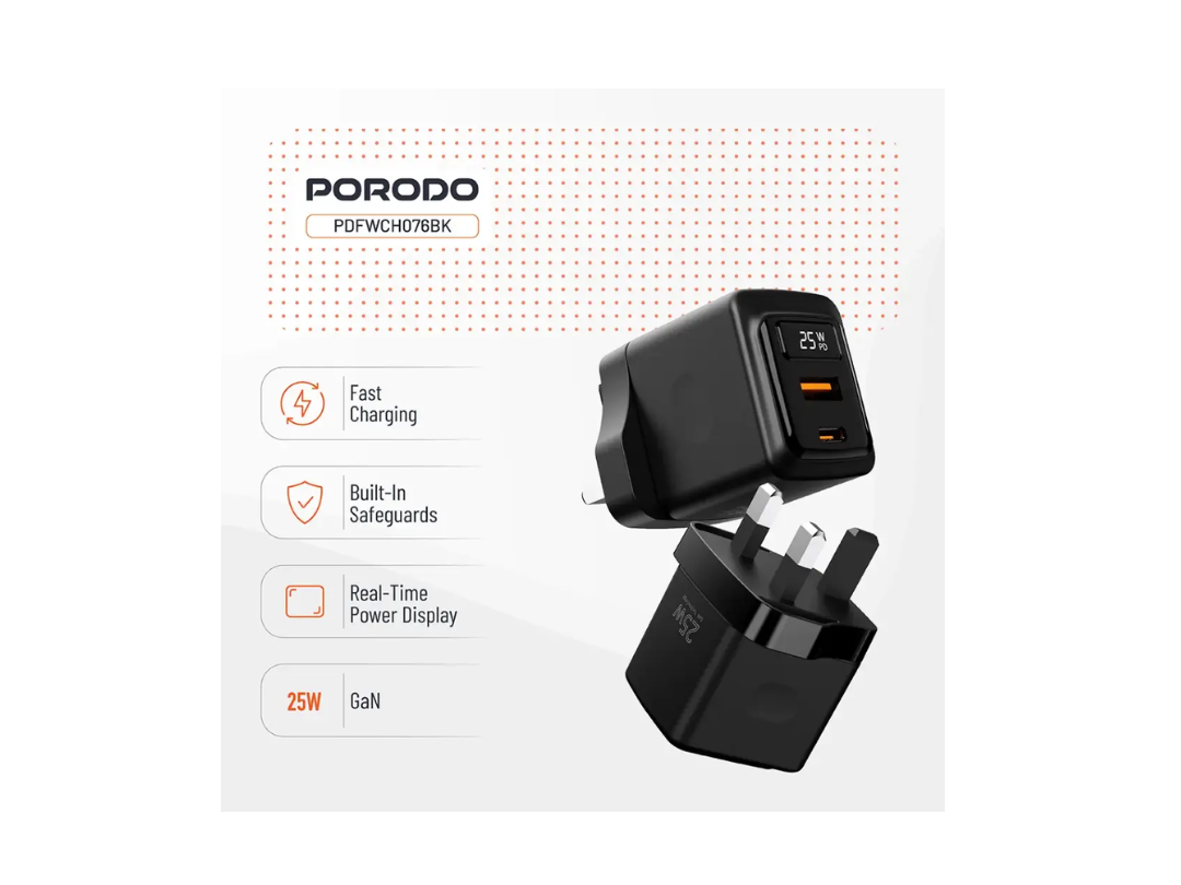 محول شاحن جداري ثنائي المنافذ (USB-A، USB-C) من Porodo GaN بقوة 25 واط مع كابل USB C إلى Lightning بطول 1 متر وشاشة عرض الطاقة في الوقت الفعلي - أسود (PDFWCH076LBK) محول شاحن جداري ثنائي المنافذ (USB-A، USB-C) من Porodo GaN بقوة 25 واط مع كابل USB C إلى Lightning بطول 1 متر وشاشة عرض الطاقة في الوقت الفعلي - أسود (PDFWCH076LBK)