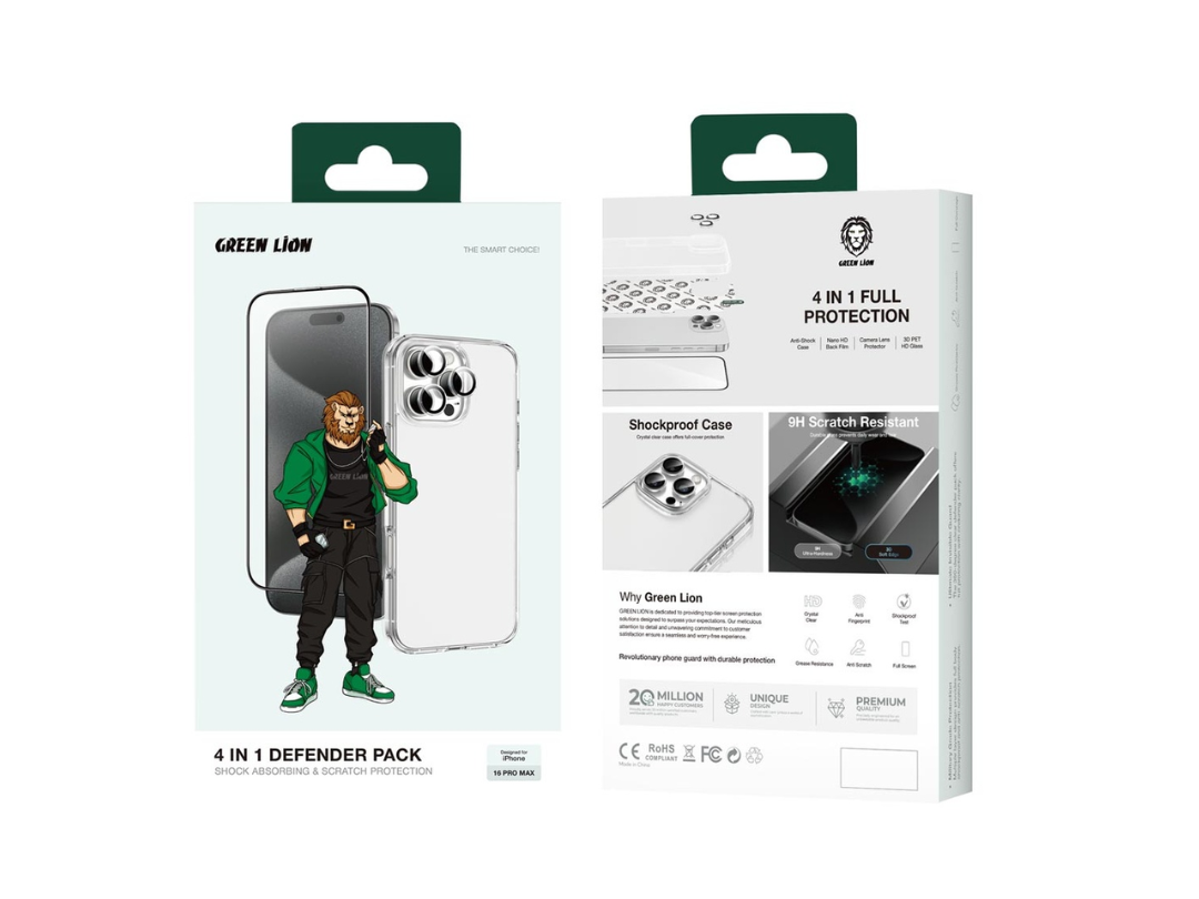 مجموعة Green Lion لحماية iPhone 16 Pro 4 في 1 (غطاء مضاد للصدمات، حماية كاملة بتقنية Nano HD، غشاء حماية عدسة الكاميرا، حماية شاشة ثلاثية الأبعاد بتقنية PET HD) مجموعة Green Lion لحماية iPhone 16 Pro 4 في 1 (غطاء مضاد للصدمات، حماية كاملة بتقنية Nano HD، غشاء حماية عدسة الكاميرا، حماية شاشة ثلاثية الأبعاد بتقنية PET HD)