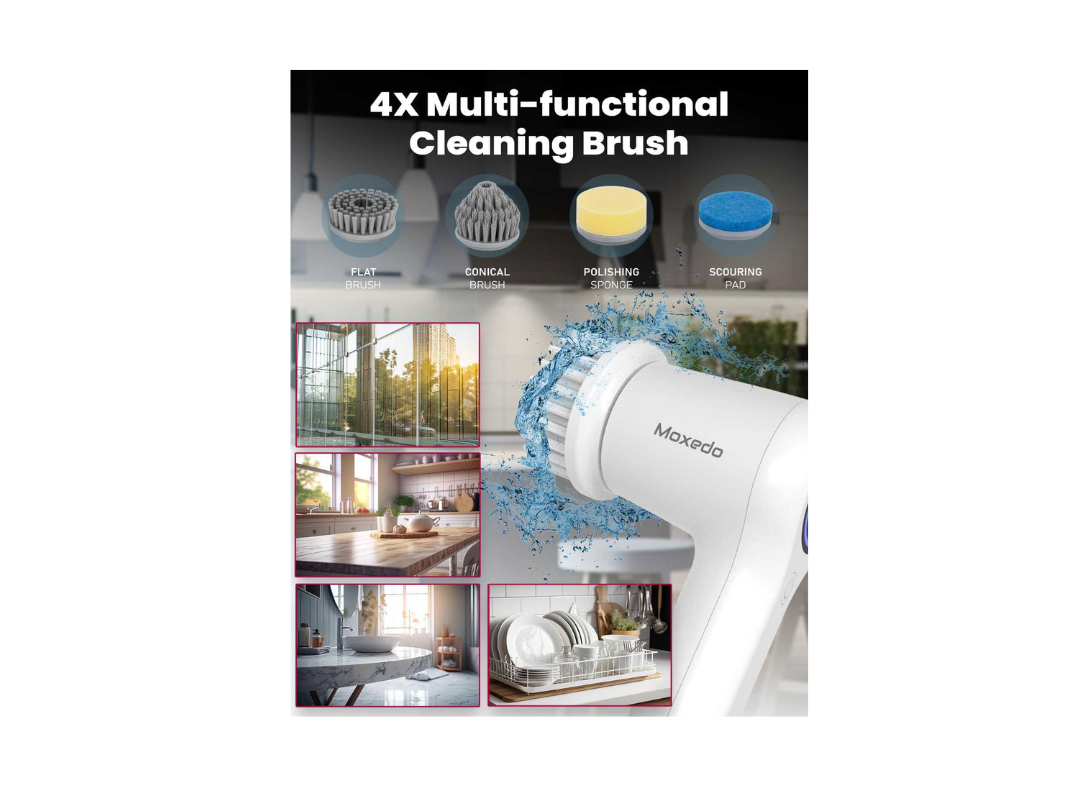 Moxedo 4 IN 1 Cordless Handheld Electric Cleaning Brush with 4 Replaceable Brush Heads for Bathtub, Wall, Tile, Toilet, Window and Sink MX-ECB012