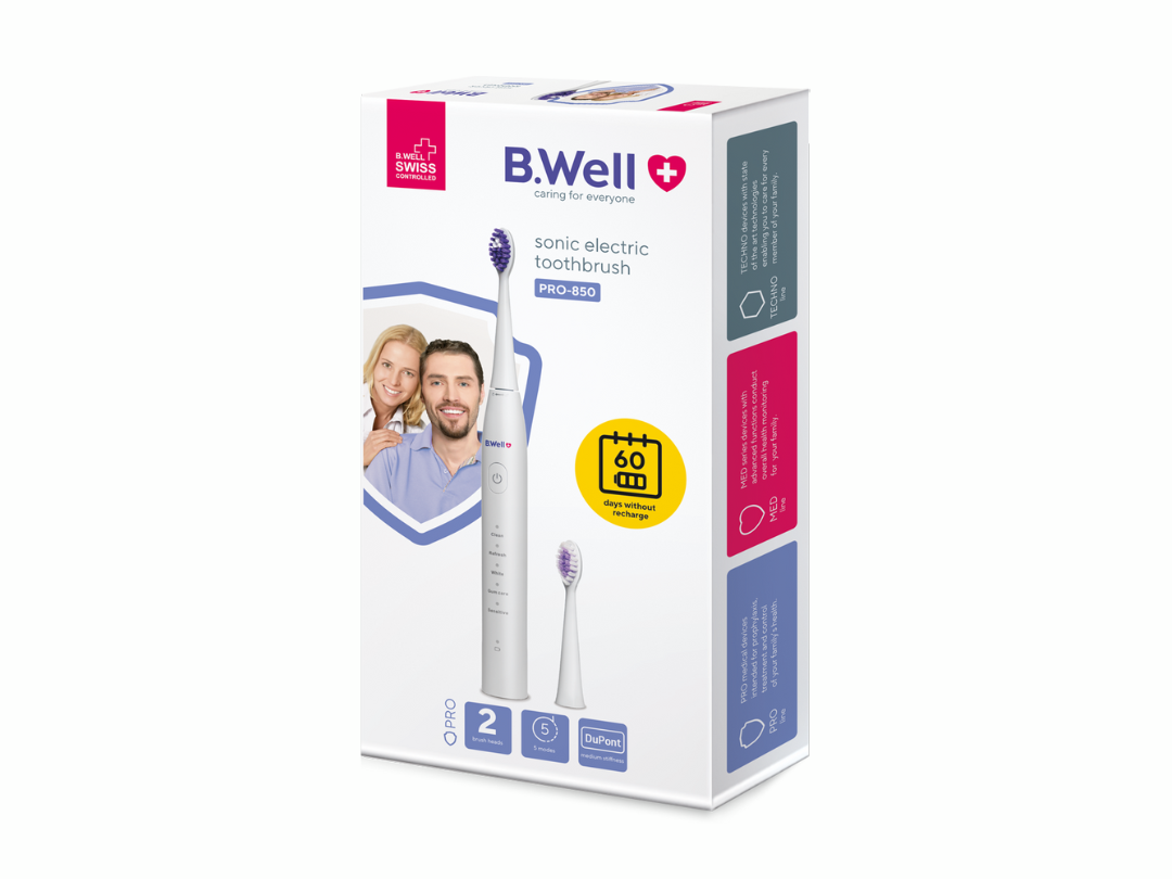 B.Well PRO 850 Electric sonic toothbrush, 60 days without recharging, 5 operation modes, 2 brush heads, USB cable, handbag, without adapter B.Well PRO 850 Electric sonic toothbrush, 60 days without recharging, 5 operation modes, 2 brush heads, USB cable, handbag, without adapter
