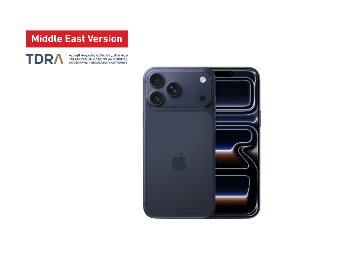 Apple iPhone 17 Pro Smartphone Blue color variant with Apple logo on a white background, featuring 'Middle East Version' and TDRA logos.