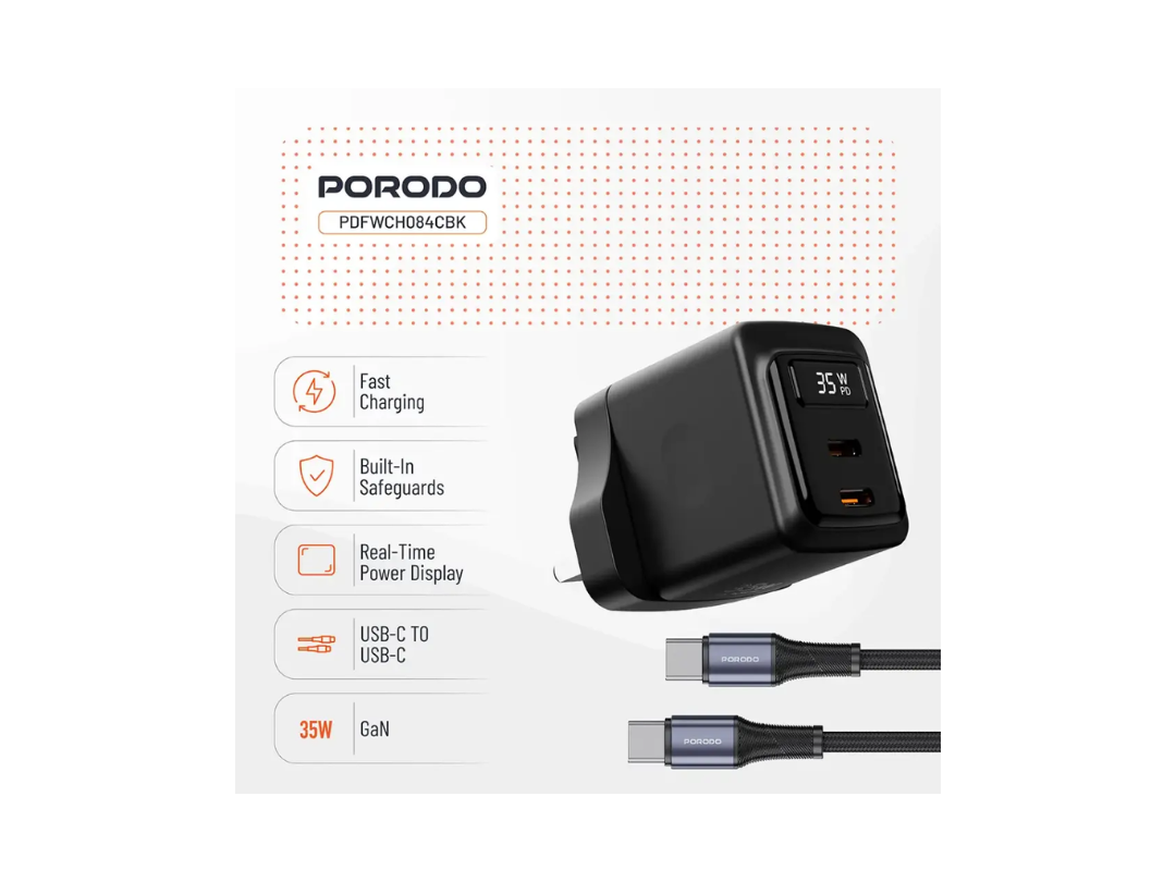 شاحن حائط Porodo GaN بقوة 35 واط بمنفذي USB-C وكابل USB من النوع C إلى C بطول 1 متر مع عرض الطاقة في الوقت الفعلي - أسود (PDFWCH084CBK) شاحن حائط Porodo GaN بقوة 35 واط بمنفذي USB-C وكابل USB من النوع C إلى C بطول 1 متر مع عرض الطاقة في الوقت الفعلي - أسود (PDFWCH084CBK)