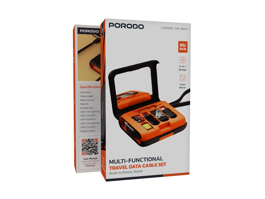 Porodo Multi-Functional Travel Data Cable Set with USB‑A, Lightning, Micro USB, and USB‑C & Mirror (PDS00130G) Porodo Multi-Functional Travel Data Cable Set with USB‑A, Lightning, Micro USB, and USB‑C & Mirror (PDS00130G)