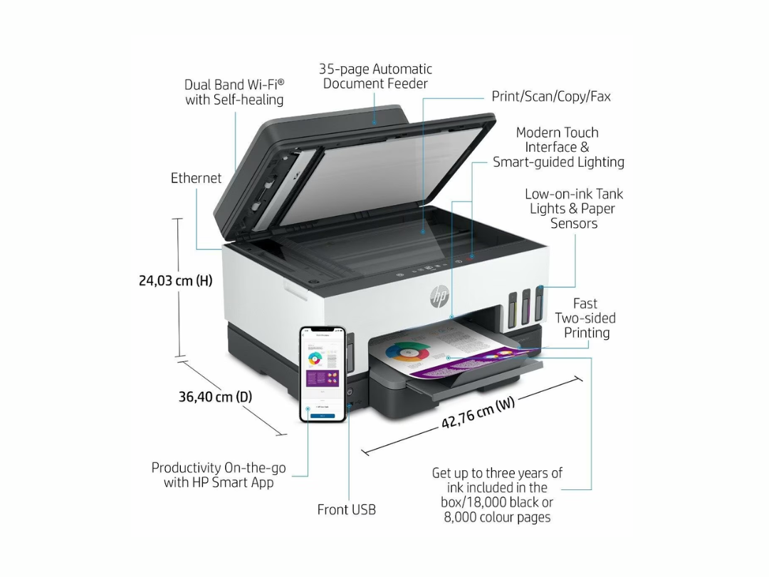 HP Smart Tank 790 Wireless All In One Ink Tank Printer - Print, Scan, Copy, Fax, Auto Duplex Printing, Auto Document Feeder (ADF) - White /Grey - 4WF66A HP Smart Tank 790 Wireless All In One Ink Tank Printer - Print, Scan, Copy, Fax, Auto Duplex Printing, Auto Document Feeder (ADF) - White /Grey - 4WF66A