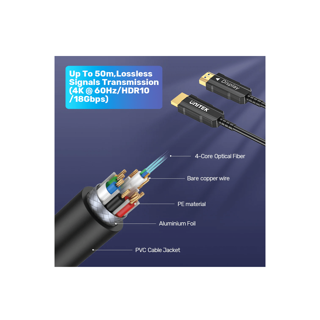 Unitek 4K 60Hz HDMI 2.0 Fiber Optic Cable 50M in Qatar